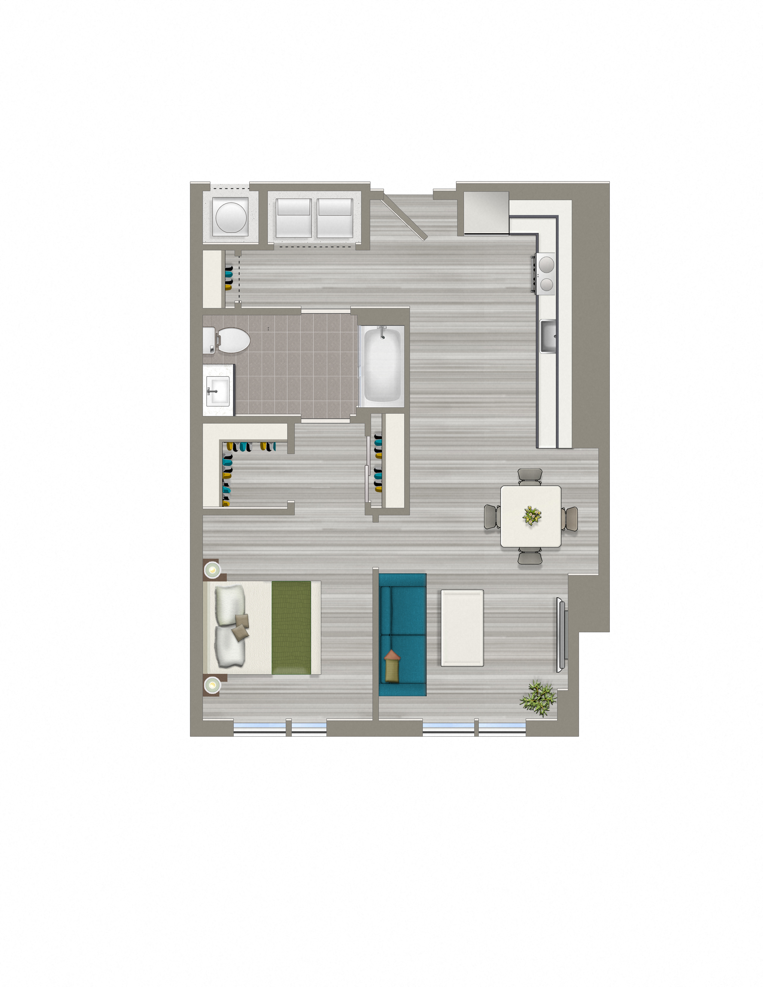 Floor plan for 1 bed, 1 bath, 730 sqft